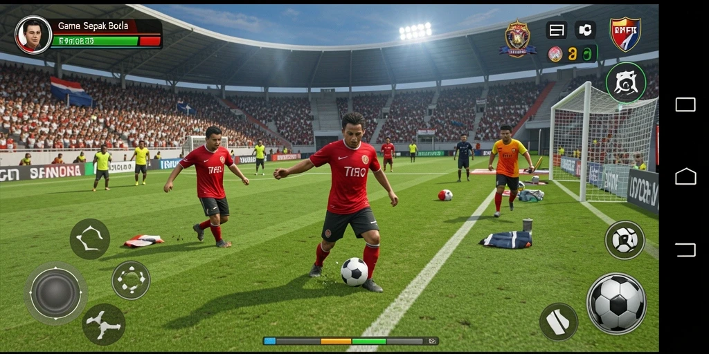 Screenshot gameplay F7F7 yang menunjukkan aksi di lapangan sepak bola.