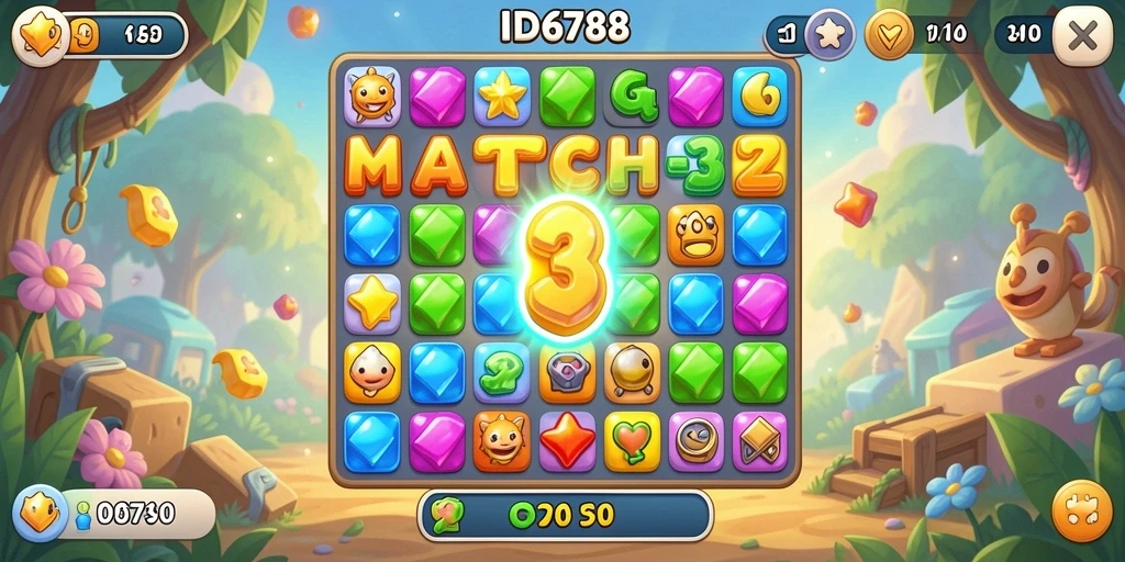 Tangkapan layar gameplay ID6788 menampilkan elemen Match-3 yang cerah.