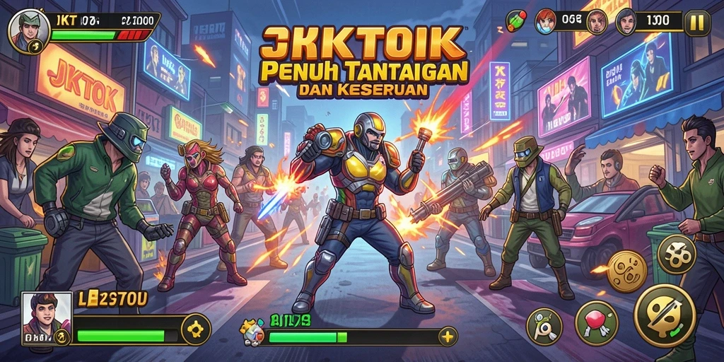 Screenshot menunjukkan gameplay intens dari JKTOK, dengan karakter menghindari rintangan.