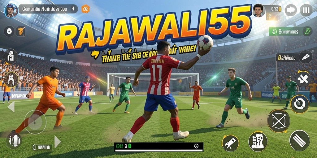 Screenshot permainan RAJAWALI55 menampilkan aksi seru di lapangan olahraga.