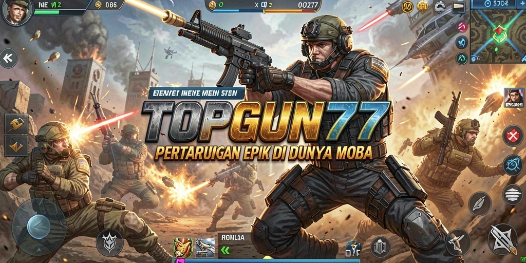 Tangkapan layar utama gameplay TOPGUN77 menampilkan pertarungan tim yang epik.